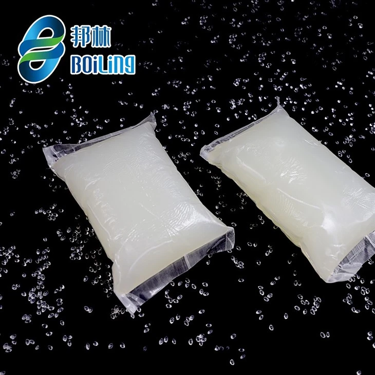 Two film-wrapped translucent hot melt adhesive pillow packs on a black background with the Boiling logo