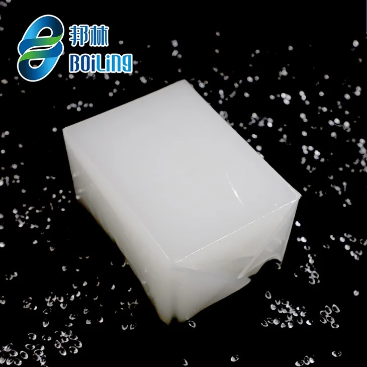 Film-wrapped white hot melt adhesive block on a black background with the Boiling logo